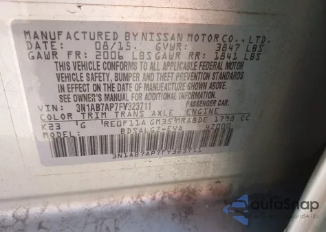 2015 Nissan Sentra Sl z USA, uszkodzony, nr VIN 3N1AB7AP7FY323711